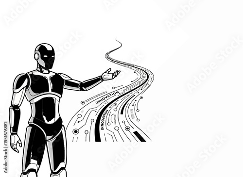 Futuristic robot presenting a winding path of innovation and technology