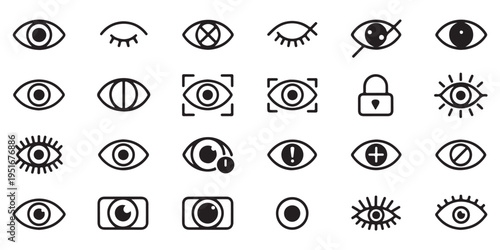 Eye Icon Set with Eyelashes, Security Locks, and Status Indicators for Mobile Apps