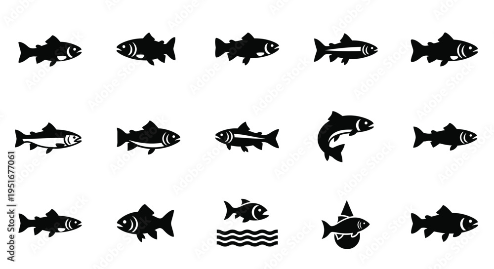 Fototapeta premium Fish icon set flat vector illustration for fishing sport emblem and aquaculture symbol