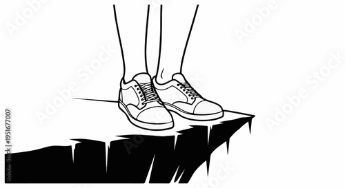 A person's feet in sneakers stand on the edge of a cliff