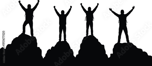 Set of hiker silhouettes on mountain peak celebrating success, vector illustration of climbers reaching the summit for motivation, achievement, and leadership.