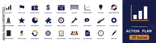 Action plan icon set. Containing chart, budget, dollar, calendar, goal, roadmap, settings, target, checklist, team, document, clock, pen and more. Solid fill vector icons collection.