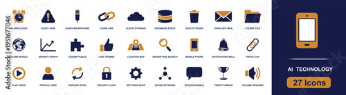 AI technology icon set. Containing alarm, microphone, cloud, database, mail, folder, mobile, lock, gear, network, speaker, search and more. Solid fill vector icons collection for digital UI.
