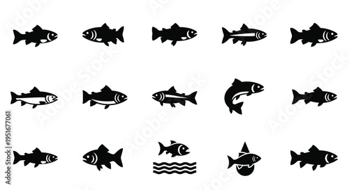 Fish icon set flat vector illustration for fishing sport emblem and aquaculture symbol