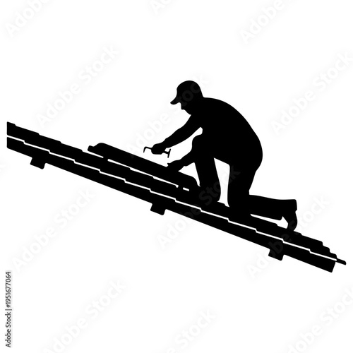 Roofer silhouette working on steep roof, construction vector illustration