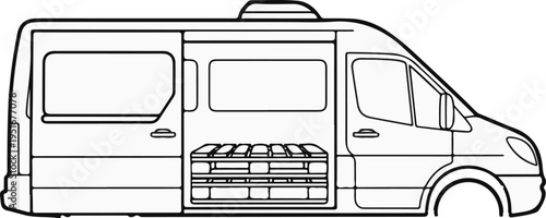 Line art of a van with open side door revealing interior cargo