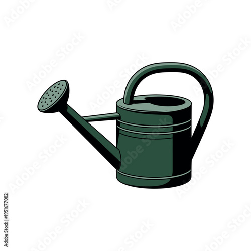 A green watering can with a long spout and handle