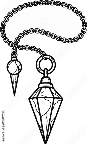 A black and white line drawing of a chain with two pendants