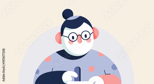Stylized illustration of a person with glasses and a bun doing something on a tablet