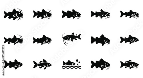 Collection of catfish symbols, stylized freshwater fish with long barbels, icons for angling, river fauna and aquatic food