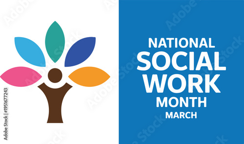 Minimalist National Social Work Month March Promotional Design with Tree Logo and Colorful Leaves on Blue Background Vector