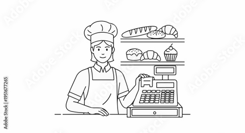 A baker in uniform stands behind a cash register at a bakery