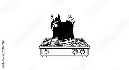 A black kettle is on a stove with flames
