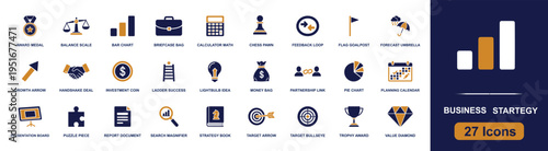 Business strategy icon set. Containing chart, briefcase, calculator, partnership, target, planning, growth, report, value, idea, trophy and more. Solid fill vector icons collection.