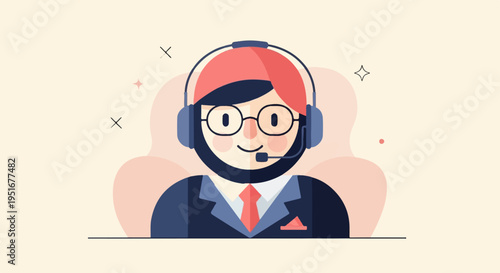 Friendly cartoon person with headphones, glasses, and a suit, smiling