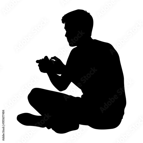 Silhouette of a person playing video games, sitting cross-legged, vector illustration