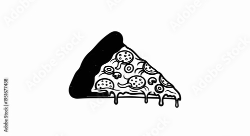 A simple, hand-drawn black and white sketch of a slice of pizza with toppings