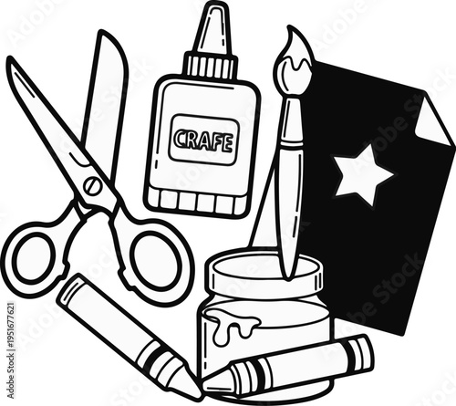 A collection of art supplies including crayons, scissors, glue, paint and paper