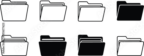 A set of vector line art silhouettes of file folders in black and white for business organization