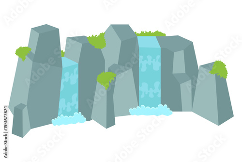 Rugged gray cliffs frame a flowing turquoise waterfall