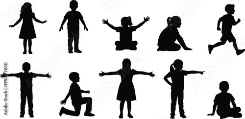 Kids silhouettes collection vector illustration children poses standing sitting running pointing playing black silhouette set isolated activity bundle design pack