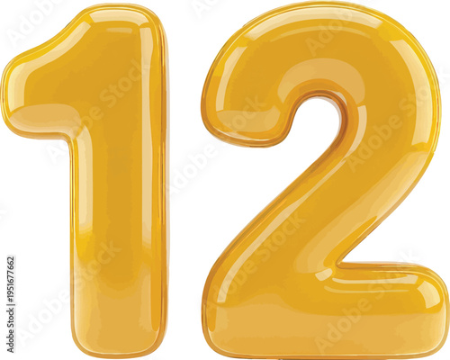 Yellow Number 12 Balloon 3D Render with Transparent Background