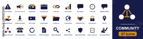 Community icon set. Containing megaphone, calendar, ticket, volunteer, donation, social network, survey, handshake, globe, shield, checklist and more. Solid fill vector icons collection.