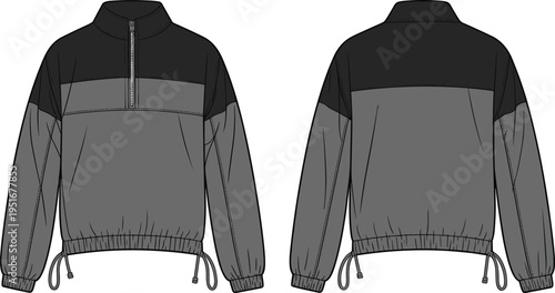 Color block half zip jacket technical fashion illustration front and back views, elastic hem drawstring design, casual outerwear apparel template isolated on white