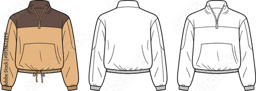 Color block half zip sweatshirt technical fashion illustration front and back views, drawstring hem design, casual streetwear apparel template, minimalist clothing mockup isolated
