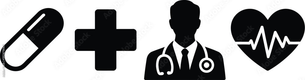 Fototapeta premium Medical Icons Set, black healthcare icons, doctor silhouette, stethoscope, heart with pulse, cross, syringe, capsule, flat minimalist design