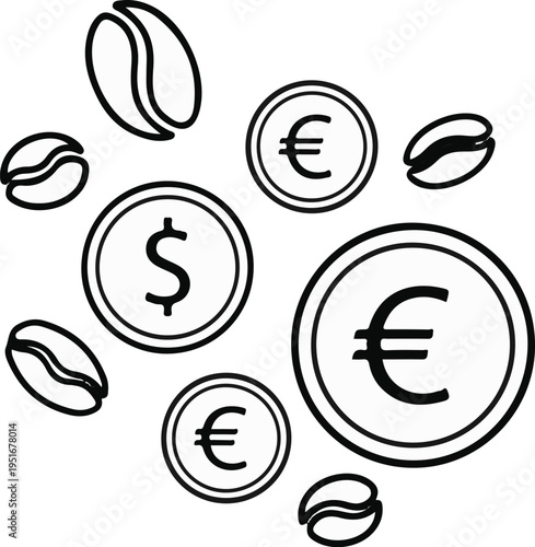 A visual representation of coffee beans and currency symbols, including dollar and euro