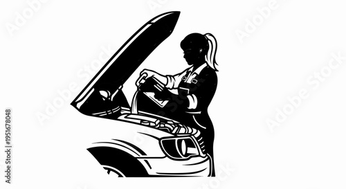 Silhouette of a woman mechanic pouring oil into a car engine