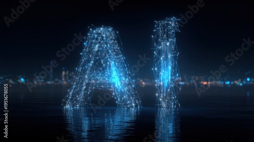 Artificial Intelligence: Glowing AI Letters Over Water Reflecting City Lights for Futuristic Technology Concepts