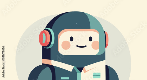 Friendly cartoon robot with large helmet and headset, wearing a shirt