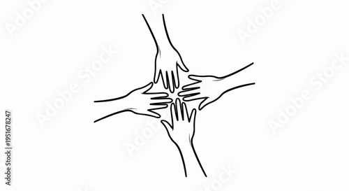 Five hands reaching together, fingers intertwined in a center