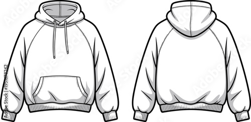 Hoodie sweatshirt technical fashion illustration front and back views, kangaroo pocket and drawstring hood design, casual streetwear apparel template isolated on white