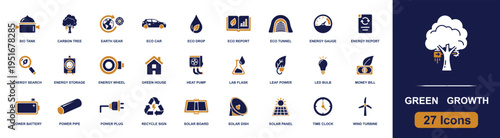 Green growth icon set. Containing carbon tree, eco car, recycle, solar panel, wind turbine, energy storage, heat pump, bio tank, green house and more. Solid fill vector icons collection.