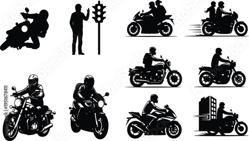 Collection of motorcycle rider silhouettes showing speed, urban traffic, tandem riding, and diverse biking postures in black design