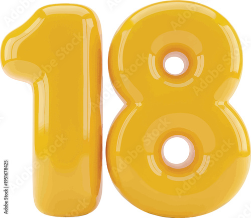 Yellow inflatable number 18 balloon 3D render on a transparent background