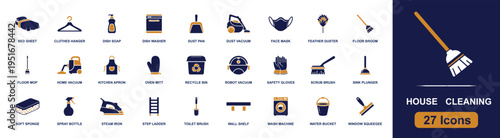 House cleaning icon set. Containing broom, mop, vacuum, dustpan, scrub brush, dish soap, sponge, spray bottle, gloves, mask, plunger, bucket and more. Solid fill vector icons collection.
