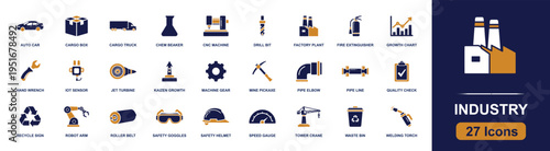 Industry icon set. Containing factory, CNC machine, drill bit, robot arm, welding torch, safety helmet, quality check, cargo truck, crane, pipes and more. Solid fill vector icons collection.