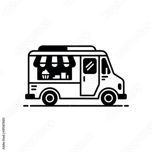 A simple black and white illustration of a food truck
