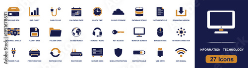 Information technology icon set. Containing archive, cloud, database, firewall, server, router, WiFi, monitor, mouse, USB, network and more. Solid fill vector icons collection for IT system.