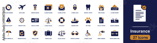 Insurance icon set. Containing policy, claim folder, fraud alert, cyber lock, health card, travel bag, flood, fire, quake damage, pet, dental and more. Solid fill icons collection.