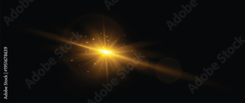 Bright golden lens flare with glowing star burst and cinematic light rays isolated on transparent background for overlay design