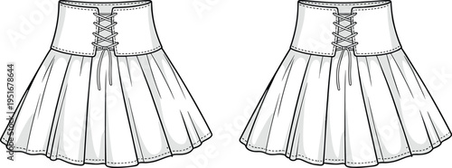 Lace up mini skirt technical fashion illustration front and back views, high waist flared design, feminine apparel template, stylish clothing mockup isolated on white