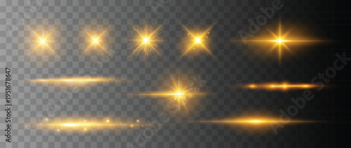 Golden glowing light flare collection with sparkles and horizontal light streak effects isolated on transparent background