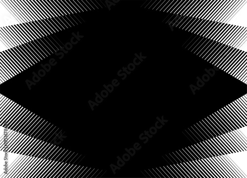 Black and white modern striped pattern with halftone in the corners from lines. Vector background with place for text for covers, advertising, packaging. Abstract rays