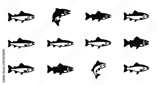 Collection of salmon fish icons in various poses and styles, simple vector art
