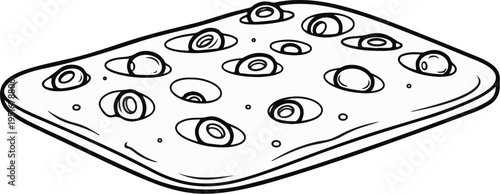 Rectangular pizza with scattered toppings and a thick crust